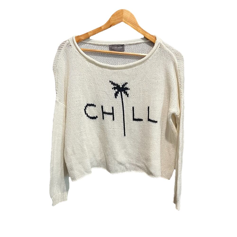 Wooden Ships Cream Knit 'CHILL' Pullover with Black Palm Graphic